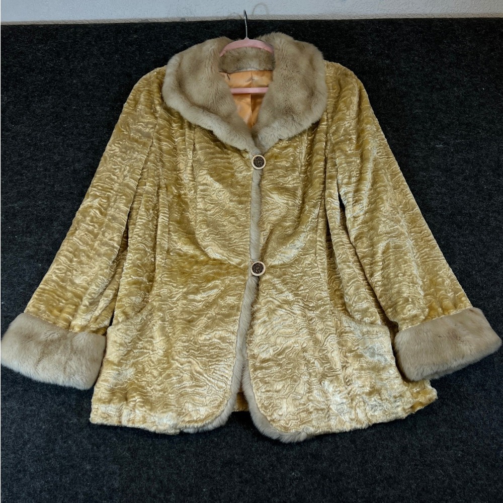 Vintage 60s Country Pacer Fur Coat Jacket Womens Large Gold Cute Swirl Textured